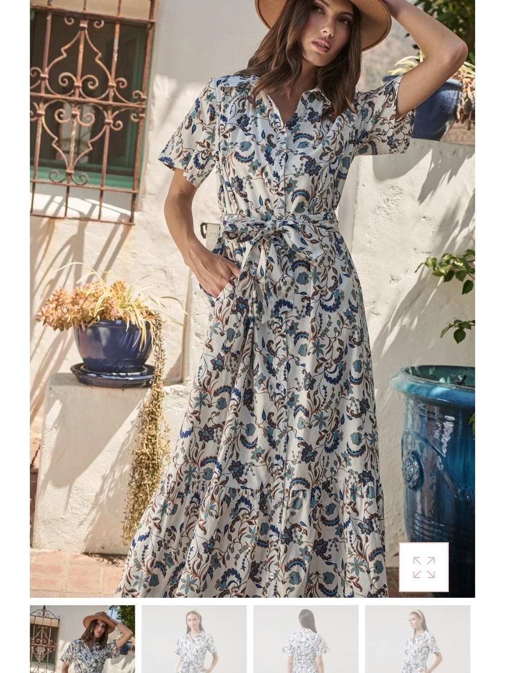 Sugarlips White Maxi Dress with Blue & Tan Floral Print - Picture 3 of 6